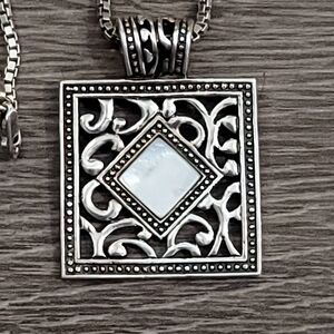 925 Sterling Silver Bali Mother of Pearl Center Square Necklace 16 inch